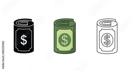 Set of three rolled money icons with dollar sign in three styles