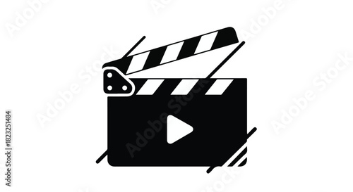 Simple black and white icon representing filmmaking and video production with a play button.
