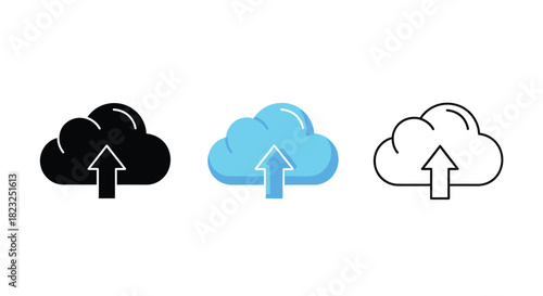 Set of three cloud upload icons in solid, glossy, and outline