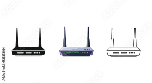 Set of three wireless router icons in silhouette, color, and outline