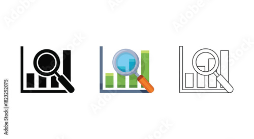 Set of three data analysis icons with chart, magnifier, and trend