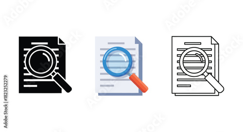 Set of three document search icons with magnifier in three styles