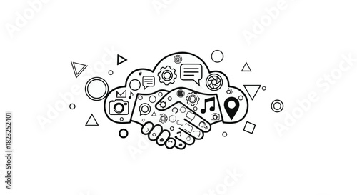 Digital handshake in a cloud of technology icons symbolizing partnership and connection