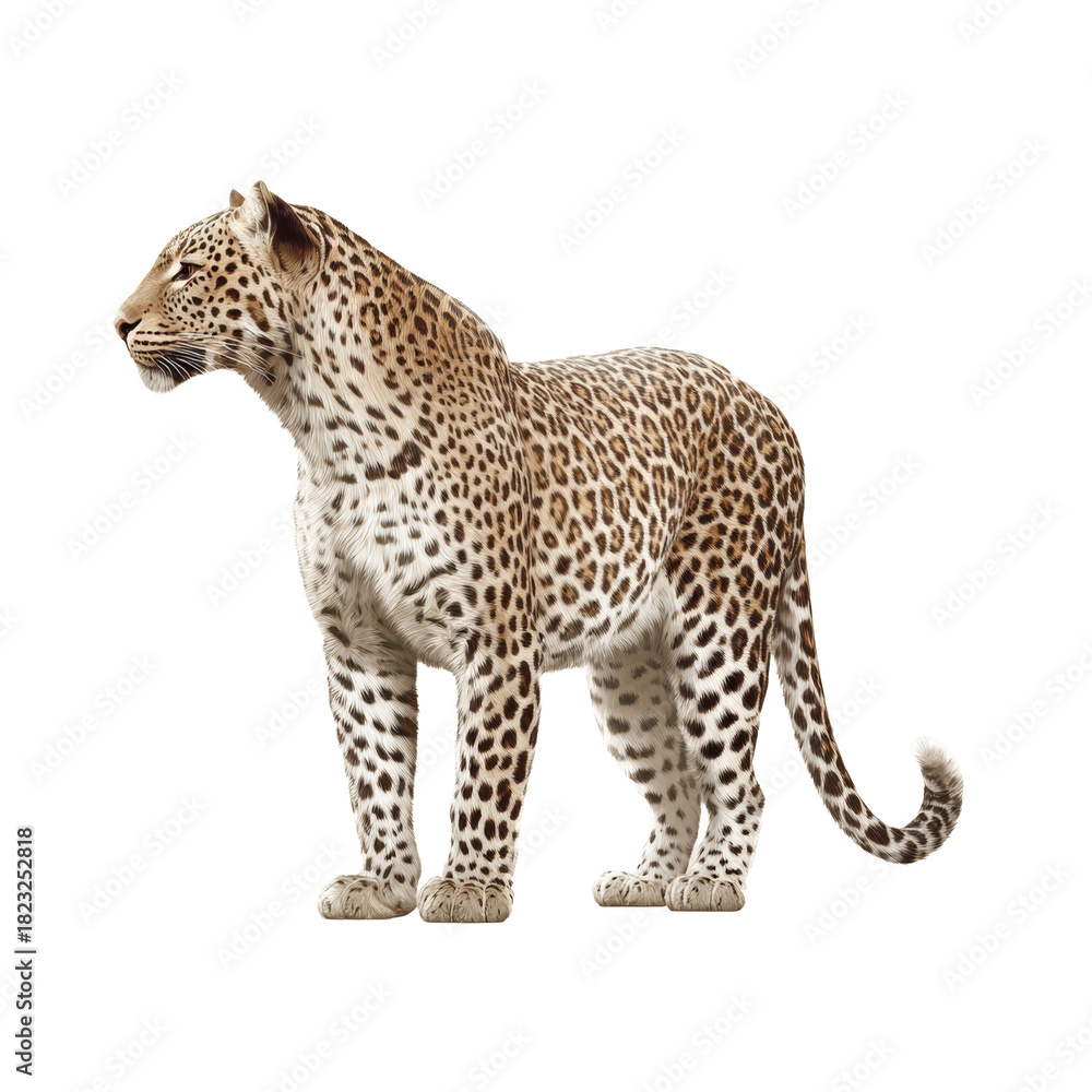 Fototapeta premium Leopard big cat standing showing spotted fur looking left