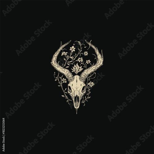 A beautifully detailed, monochrome vintage engraving or stipple illustration featuring an animal skull ram with large horns gracefully intertwined with blooming flowers and vines