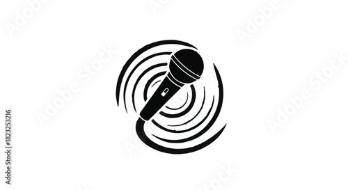 Dynamic microphone broadcasting sound waves in a stylized circular pattern, representing audio and performance.