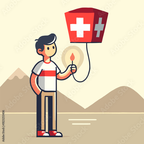Flat Illustration Young Man Holding Box Balloon with Plus Symbol