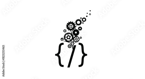 Creative coding concept with gears and symbols emerging from brackets.