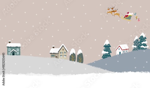 雪が降る北欧の街並みとサンタクロースのクリスマスイメージのイラスト ベージュ背景