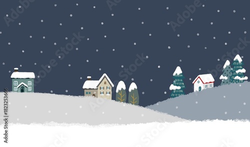 夜空に雪が降る冬の北欧の街並み　冬の背景素材