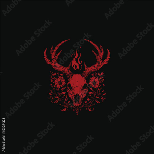 A beautifully detailed, monochrome vintage engraving or stipple illustration featuring an animal skull ram with large horns gracefully intertwined with blooming flowers and vines