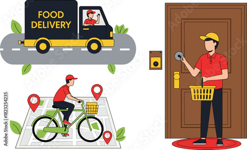 Food delivery process illustration, courier on bike, delivery truck, doorstep service, navigation, logistics, modern, urban, fast, efficient, contactless, basket, uniform, red cap, tracking, map pins