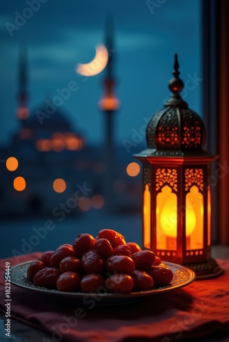 Ramadan lantern with dates and mosque silhouette at dusk