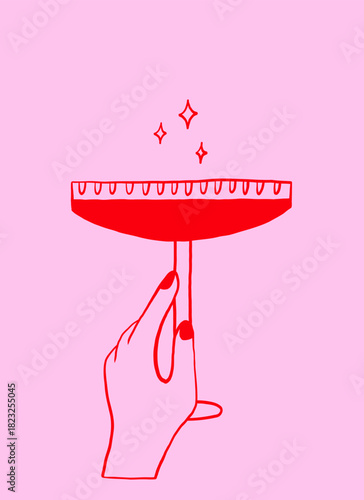 Hand Holding Whimsical Cocktail Martini Glass. Hand Drawn Doodle Illustration for Wedding and Poster Decor. Vector Drawing