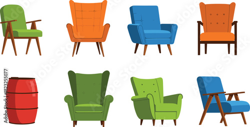 Furniture illustration set, armchairs, barrel, upholstery, modern, vintage, colorful, wooden frame, button tufting, interior, design, seating, decor, home, green chair, blue armchair