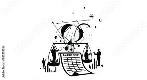 Abstract illustration of financial balance with figures on scales and celestial elements symbolizing cosmic order.