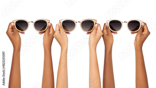 Diverse hands holding stylish sunglasses, isolated on transparent background isolated on transparent background
