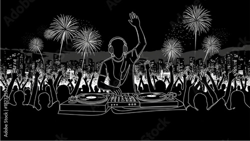 New Year DJ Line Art with Dancing Crowd in One Continuous Black Stroke