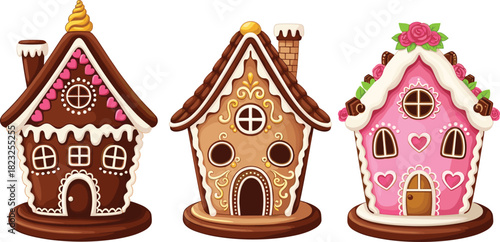 Gingerbread houses, festive sweets, edible architecture, holiday treats, icing decorations, cookie chimney, pink hearts, creative dessert, Christmas theme, handcrafted