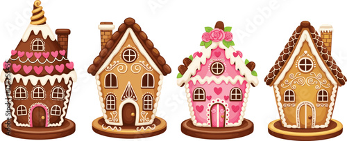 Gingerbread houses, festive sweets, holiday treats, Christmas cookies, icing decorations, candy roof, edible art, dessert display, winter celebration, colorful icing, pink gingerbread