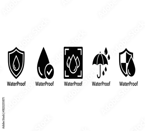 Five waterproof icons, including shield, water drop, umbrella, and frame symbols, isolated on