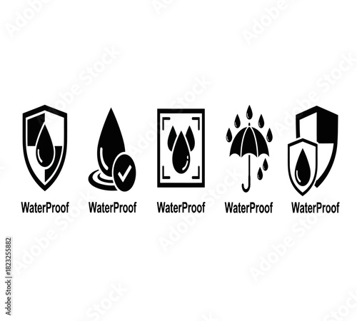 Five waterproof icons, including shield, water drop, umbrella, and frame symbols, isolated on