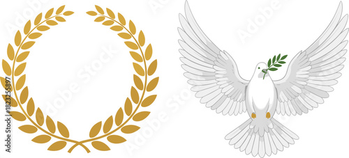 Golden laurel wreath, white dove, olive branch, peace symbol, victory icon, honor, harmony, freedom, hope, unity, celebration, emblem, graceful, symbolic, spiritual, classic
