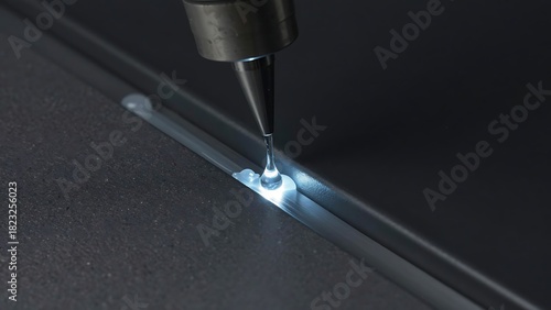 Precision application of adhesive with a glue gun onto a surface, showcasing detail and accuracy for industrial processes