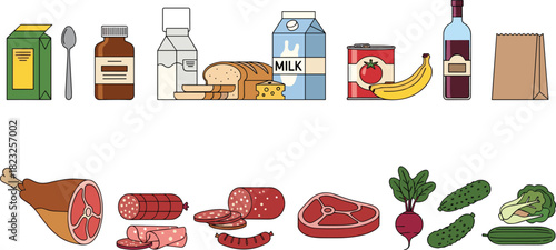 Grocery items, food assortment, fresh produce, packaged goods, dairy products, meat selection, vegetables, kitchen essentials, nutrition, healthy eating, supermarket, organic, canned food