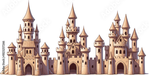 Intricate sandcastle sculpture, medieval castle design, beach art architecture, detailed sand structure, creative summer sculpture, fantasy castle illustration