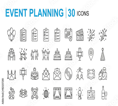Event planning icons set, featuring 30 line art symbols for organizing parties, celebrations, and corporate events, isolated on