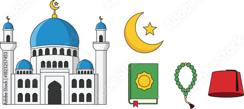 Islamic culture illustration set, mosque crescent Quran tasbih fez, religious symbol artwork, faith and tradition concept designIslamic culture illustration set, mosque crescent Quran tasbih fez