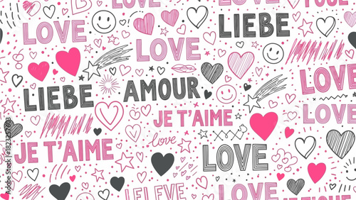 Hand-Drawn Love Doodles Pattern - Romantic Hearts & Text Background