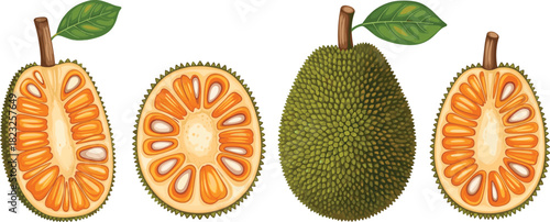 Jackfruit illustration, whole and sliced, tropical fruit, botanical view, internal structure, green skin, edible pods, healthy food, exotic produce