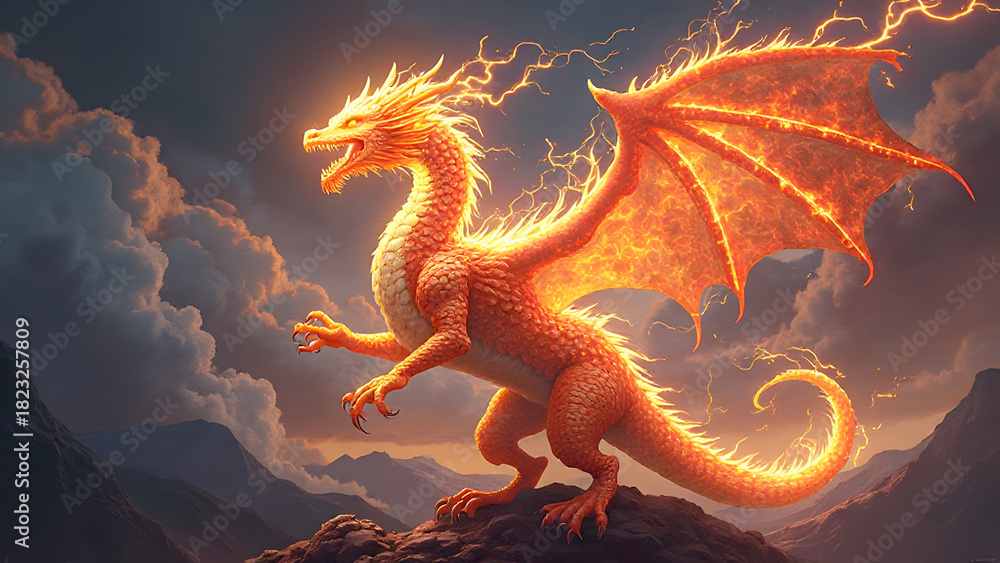 Fototapeta premium 火を纏うドラゴンのファンタジー背景イラスト|Fantasy Illustration of a Fire Dragon Amidst Mountains