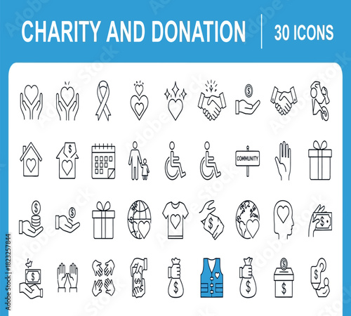 Hand drawn doodle style charity and donation icons set, featuring symbols of giving, support, community, and help, isolated on
