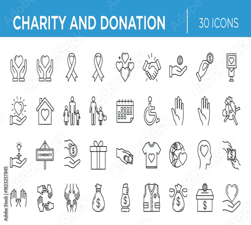 Hand drawn doodle style charity and donation icons set, featuring symbols of giving, support, community, and help, isolated on