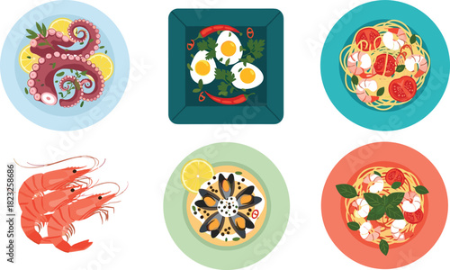 Mediterranean seafood and pasta dishes, gourmet food illustration, colorful culinary art, octopus shrimp mussels eggs spaghetti plate design