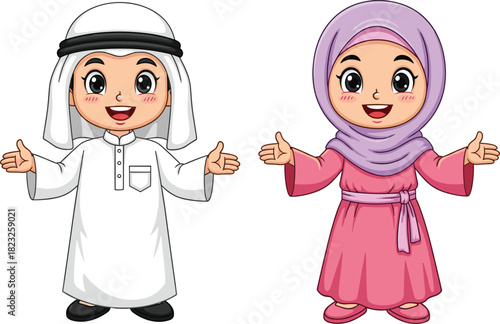 Middle Eastern children illustration, traditional clothing cartoon, cultural attire artwork, thobe and hijab characters, friendly expression design set
