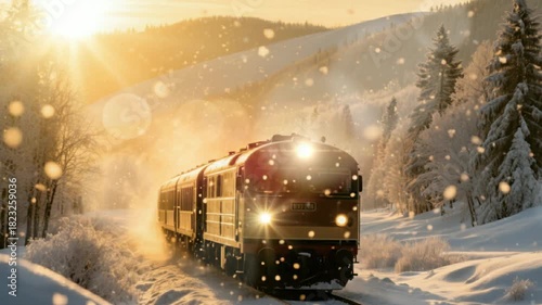 Winter Express: A vintage train journeys through a breathtaking winter wonderland, evoking a sense of adventure. Snow-laden landscapes under the warm embrace of the sun.