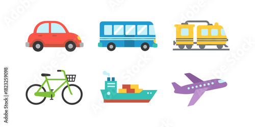 Different transportation vehicles icon set for travel and moving