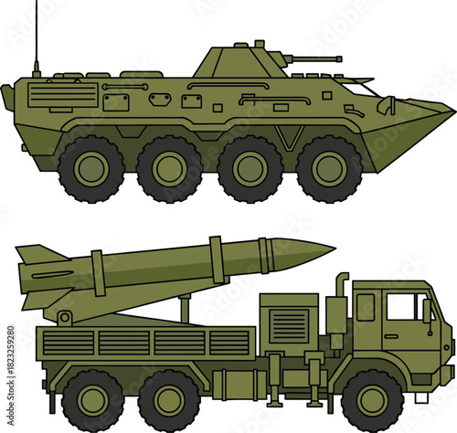 Military vehicle illustration, armored personnel carrier, missile launcher truck, side view, defense equipment, tactical transport, warfare design, army gear
