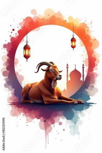 Artistic depiction of a goat with islamic architecture and lanterns