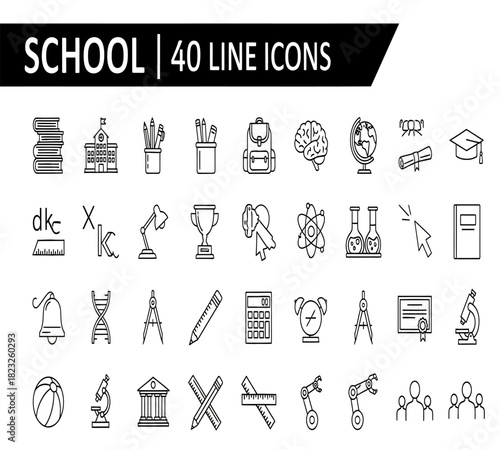 School and education line icons set, featuring various symbols of learning, study, and academic life, isolated on