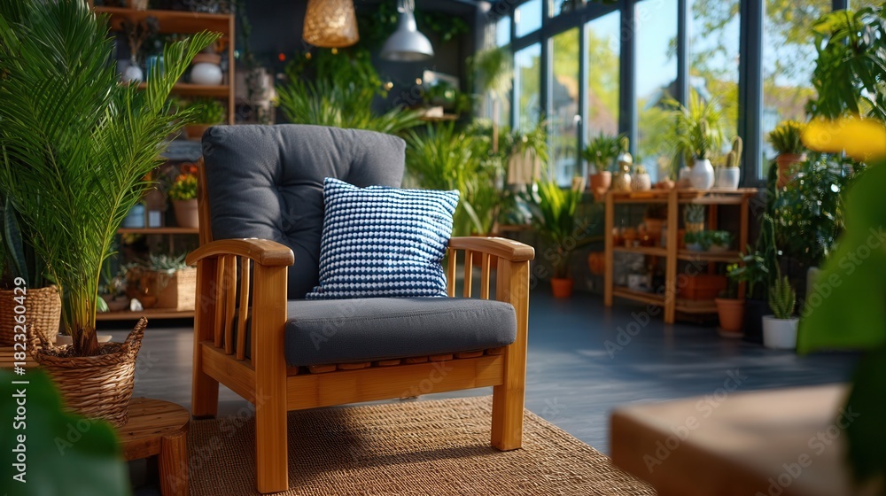 Obraz premium Relaxing sunroom oasis invites tranquil escape amidst lush greenery and comfortable seating, a perfect sanctuary for peace and rejuvenation.