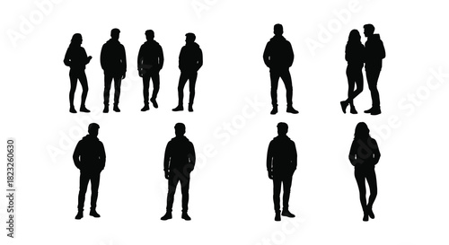 Silhouettes of people nature and cityscapes presented in a black and white design