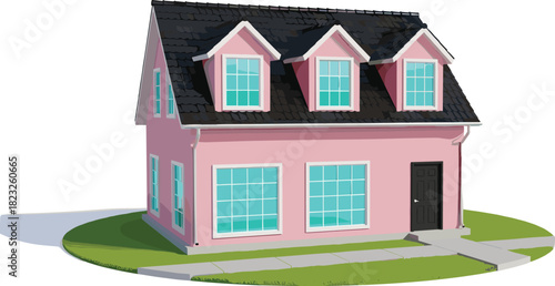 Pink two-story house, black roof, dormer windows, blue glass, front lawn, sidewalk, architecture design, vibrant home, residential illustration