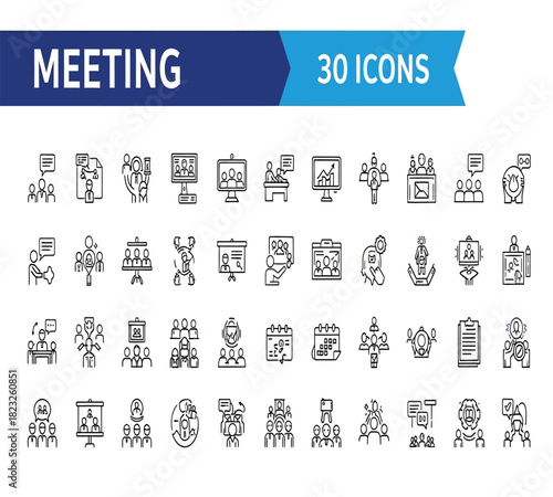 A comprehensive set of 30 line icons illustrating business meetings, corporate collaboration, and professional communication, isolated on