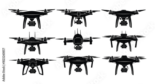 Collection of modern drone silhouettes showcasing various aerial vehicle designs