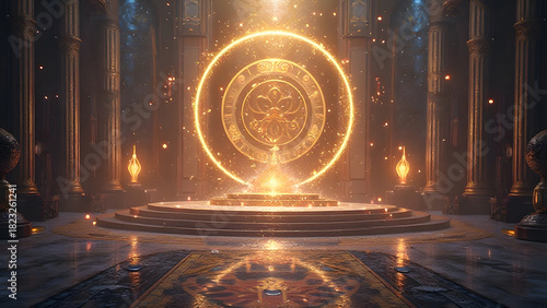 神秘的な魔法陣が輝く古代神殿の幻想的空間｜Mystical glowing magic circle in ancient temple fantasy scene